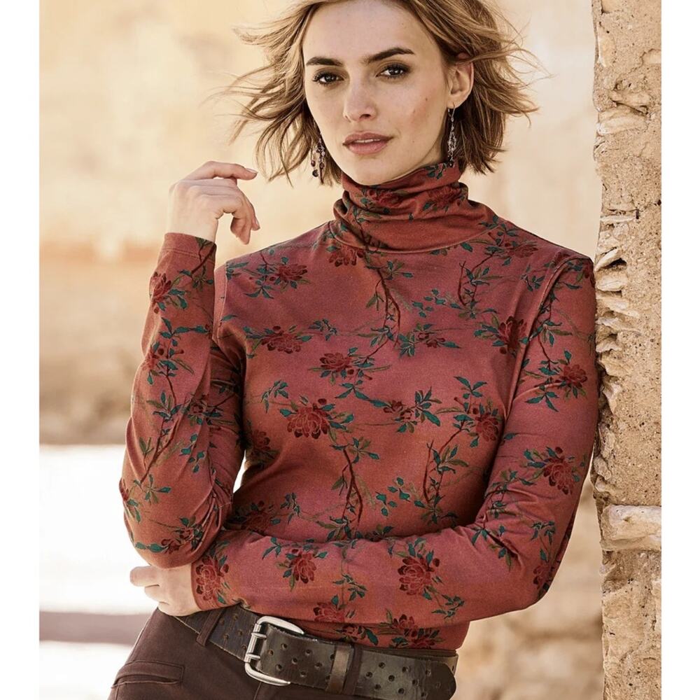 Peruvian Connection Magnolia Branch Turtleneck Botanical Floral Top Pima Cotton